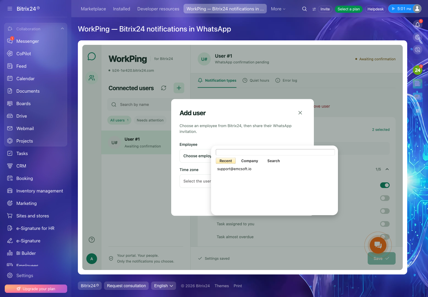 Selecting an employee in the native Bitrix24 employee picker for WorkPing